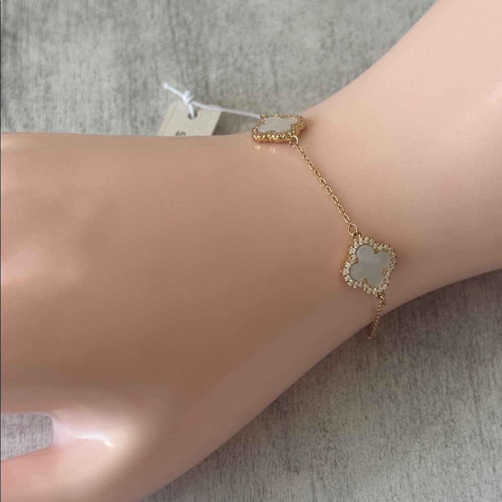 Rachel Zoe Gold Plated 925 Ster Silver Revers Bracelet Pave 3 Clover Moth OPearl - Picture 6 of 15